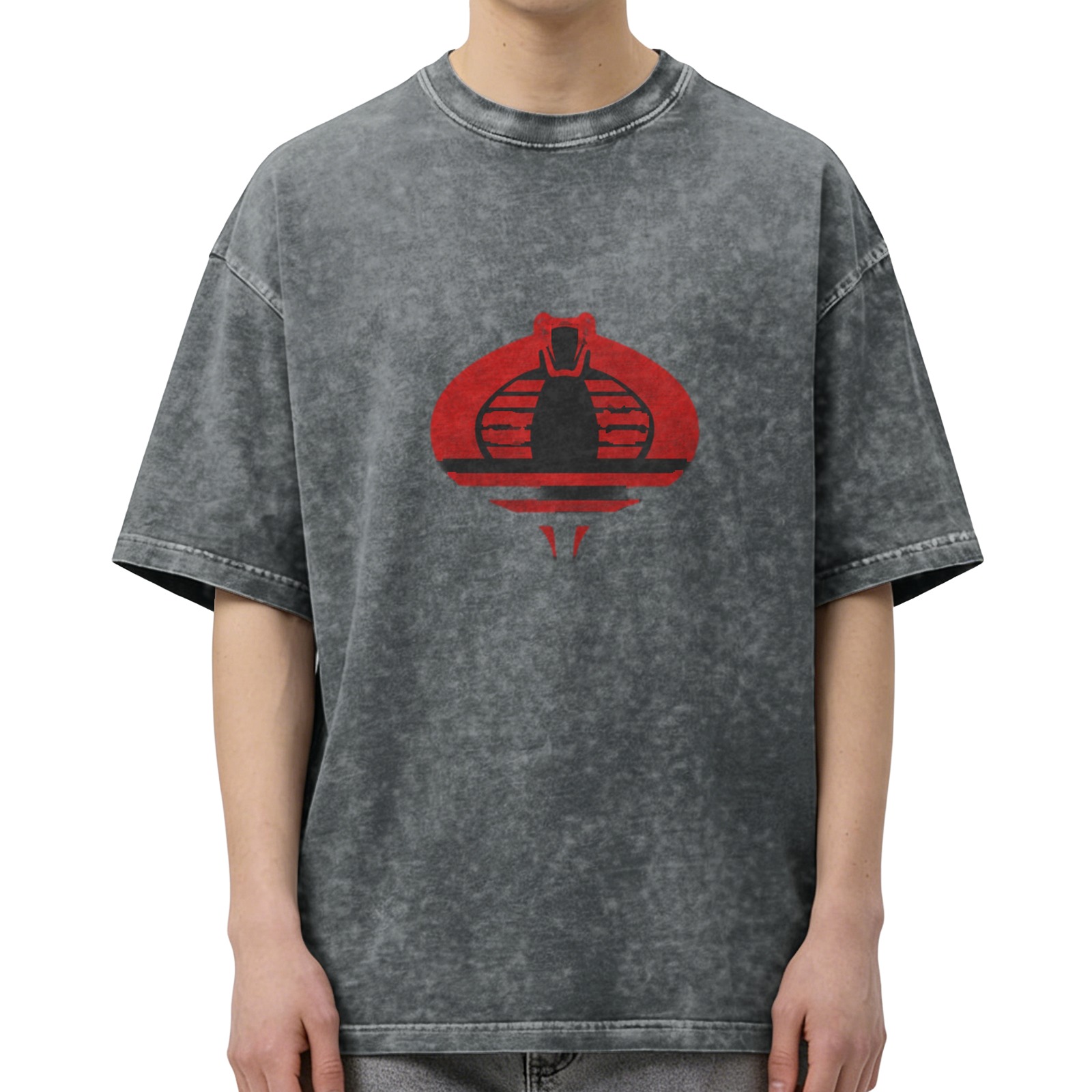 Retro washed black short-sleeved T-shirt, cobra graphic print, street casual loose top