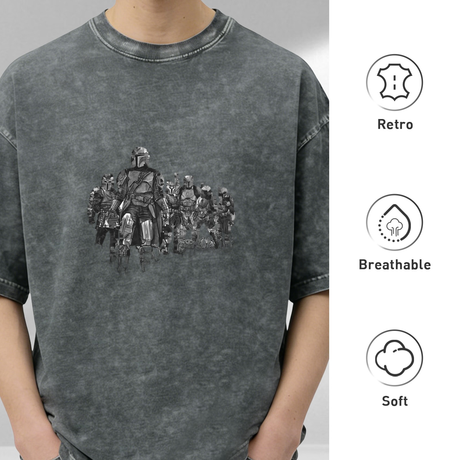 Distressed black Mandalorian themed printed short-sleeved T-shirt