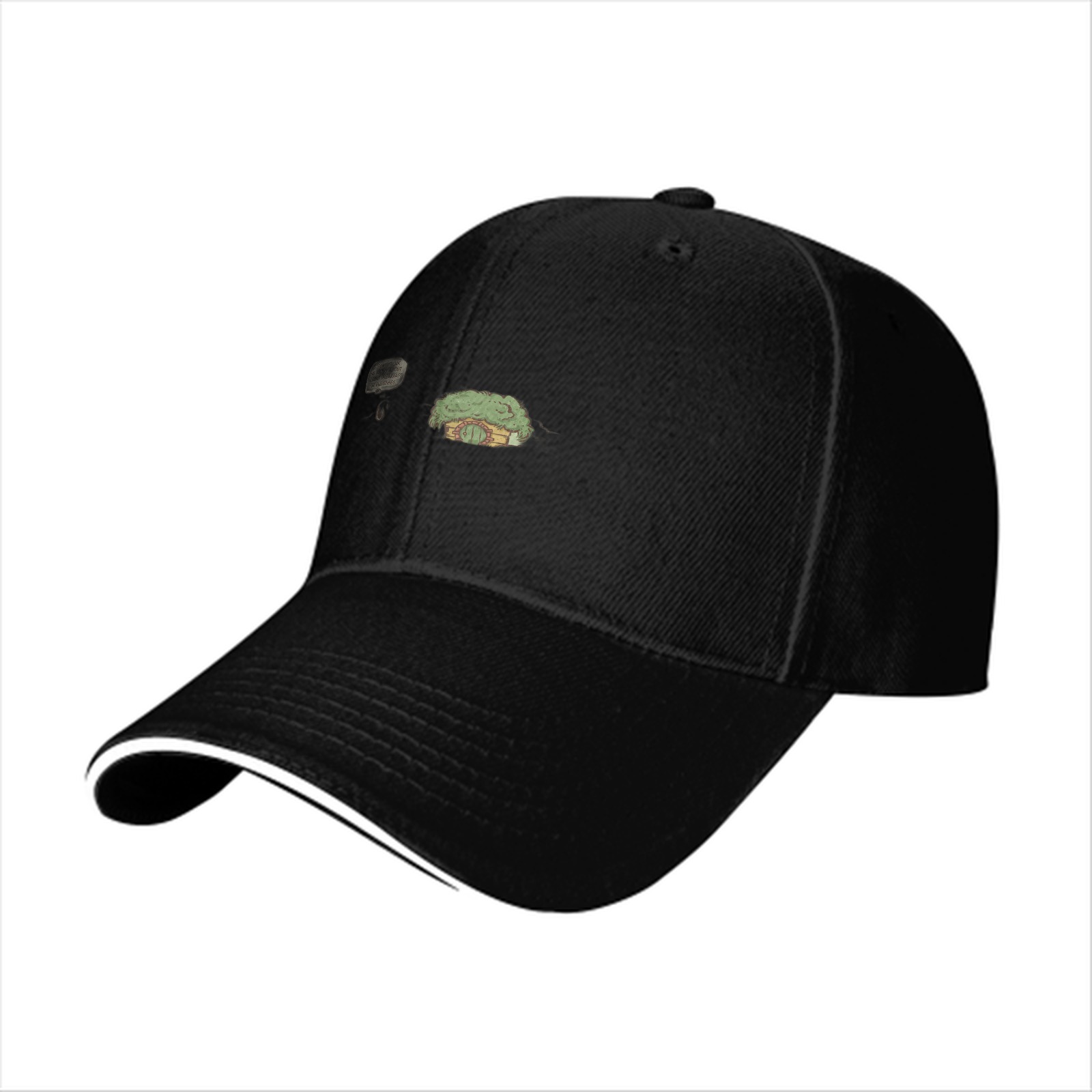 Black Baseball Cap with Small Whimsical House Print
