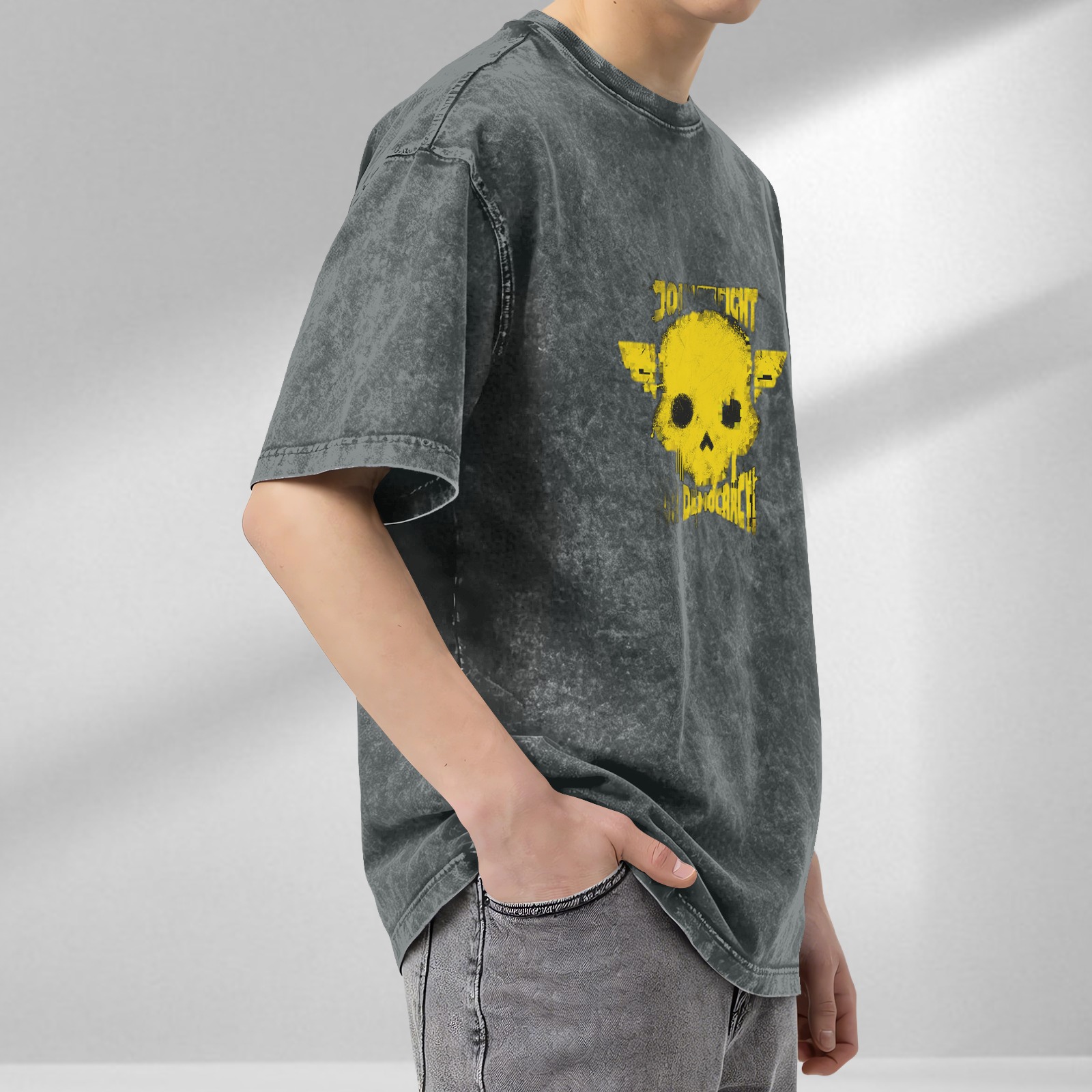 Distressed washed black short-sleeved T-shirt Hellraiser 2 Join Fight Democracy skull printed loose top