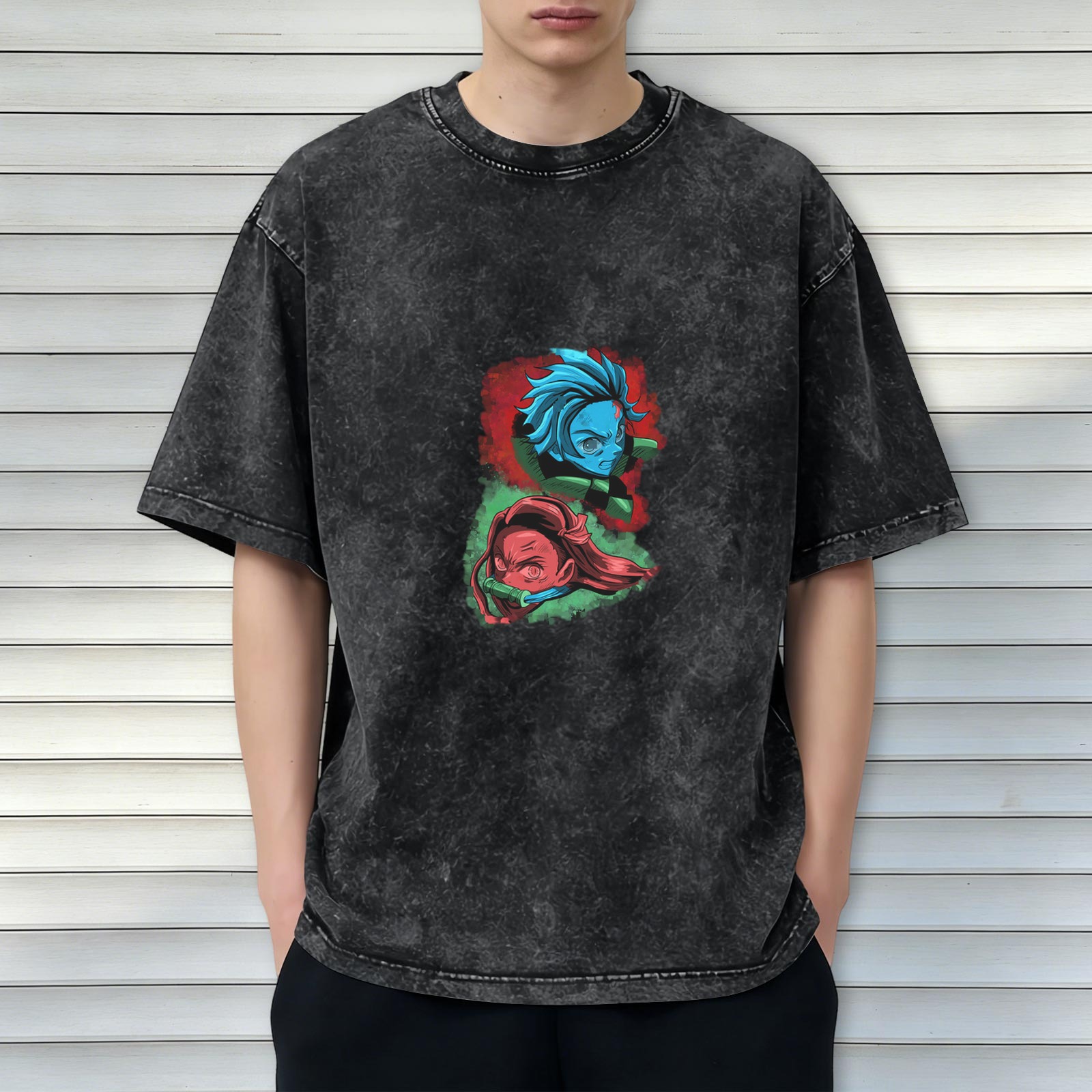 Oversized Acid Wash T-Shirt with Demon Slayer Anime Character Print