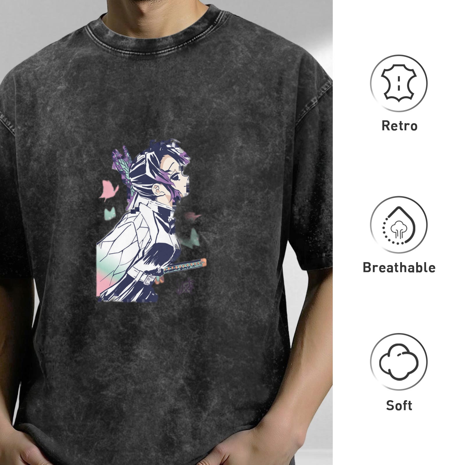 Oversized Vintage Wash Anime Graphic T-Shirt featuring Demon Slayer's Shinobu Kochou with Butterfly Motifs