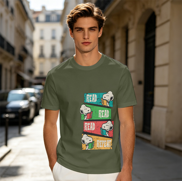 Olive T-Shirt with Snoopy Read Repeat Reading Graphic