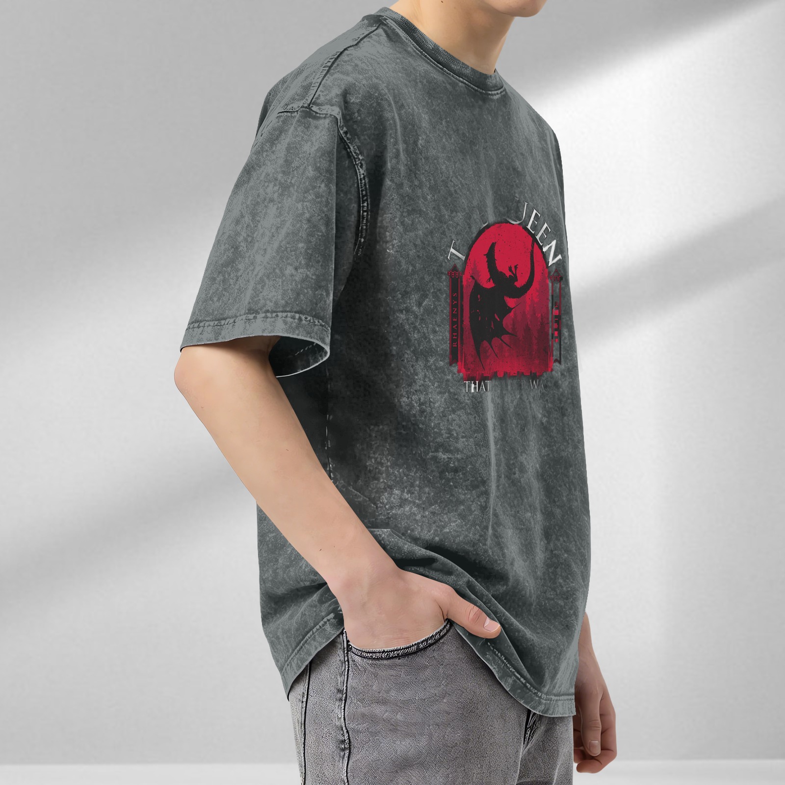 Washed Black Graphic T-Shirt With Dragon And Queen Text Print
