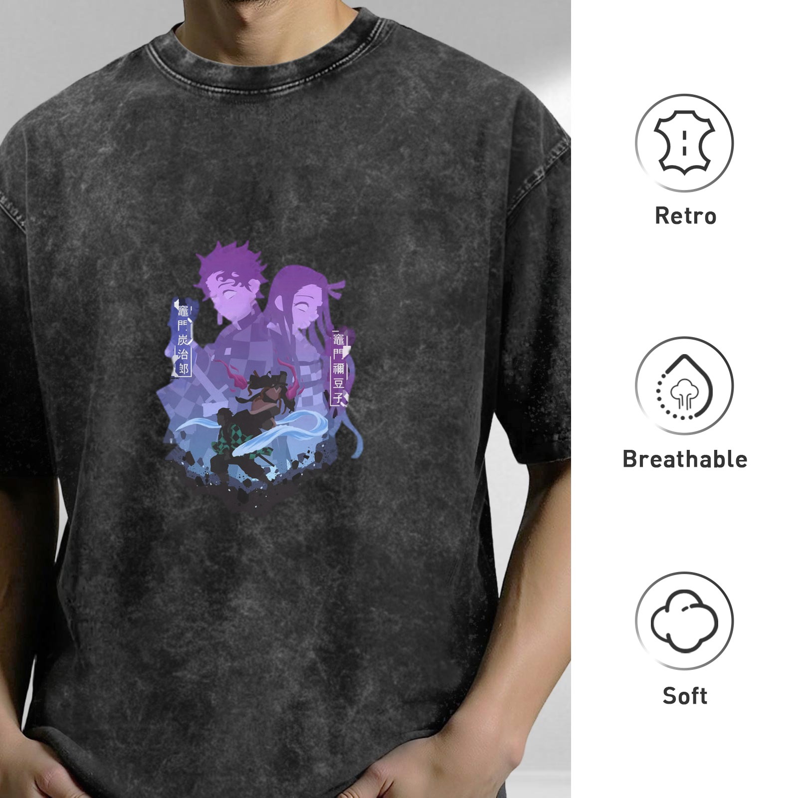 Demon Slayer Tanjiro Nezuko Graphic Washed Black T-Shirt