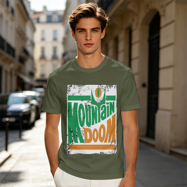 Olive T-shirt with Mountain Doom Themed Graphic Print