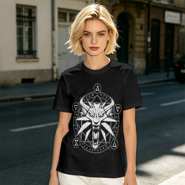 Olive T-Shirt With Witcher Wolf Medallion Magic Circle Print