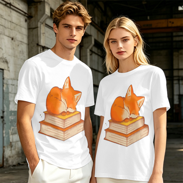 Olive T-Shirt With Sleeping Fox On Stacked Books Print