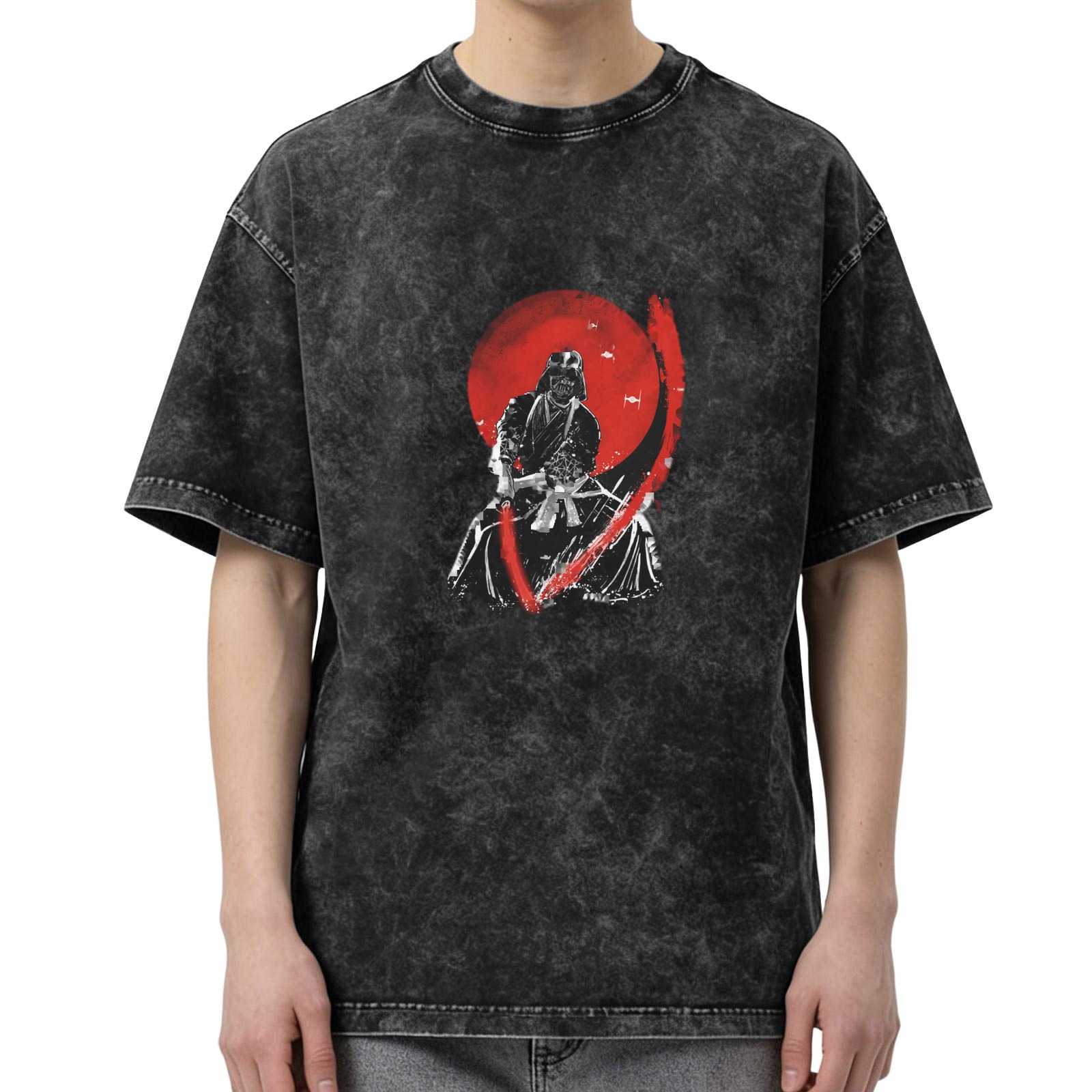 oversized acid wash t-shirt with samurai warrior red sun graphic