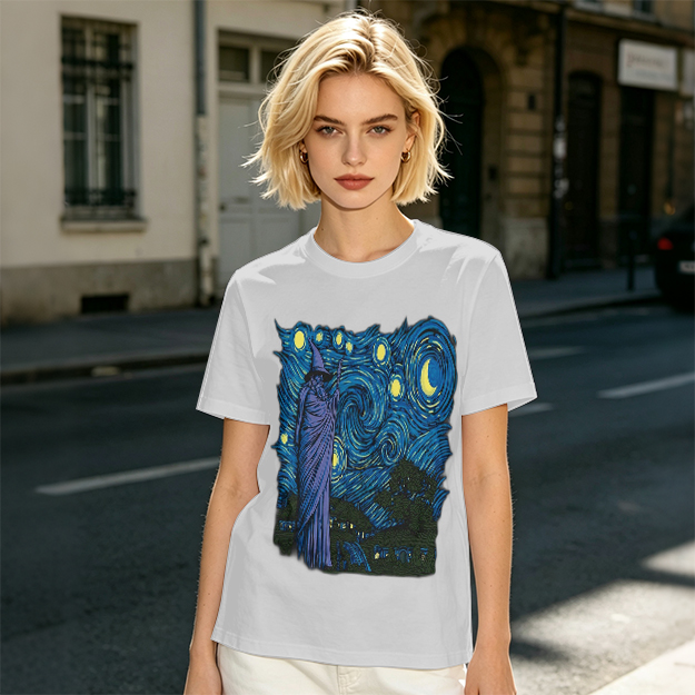 Olive T-Shirt with Wizard Starry Night Art Print