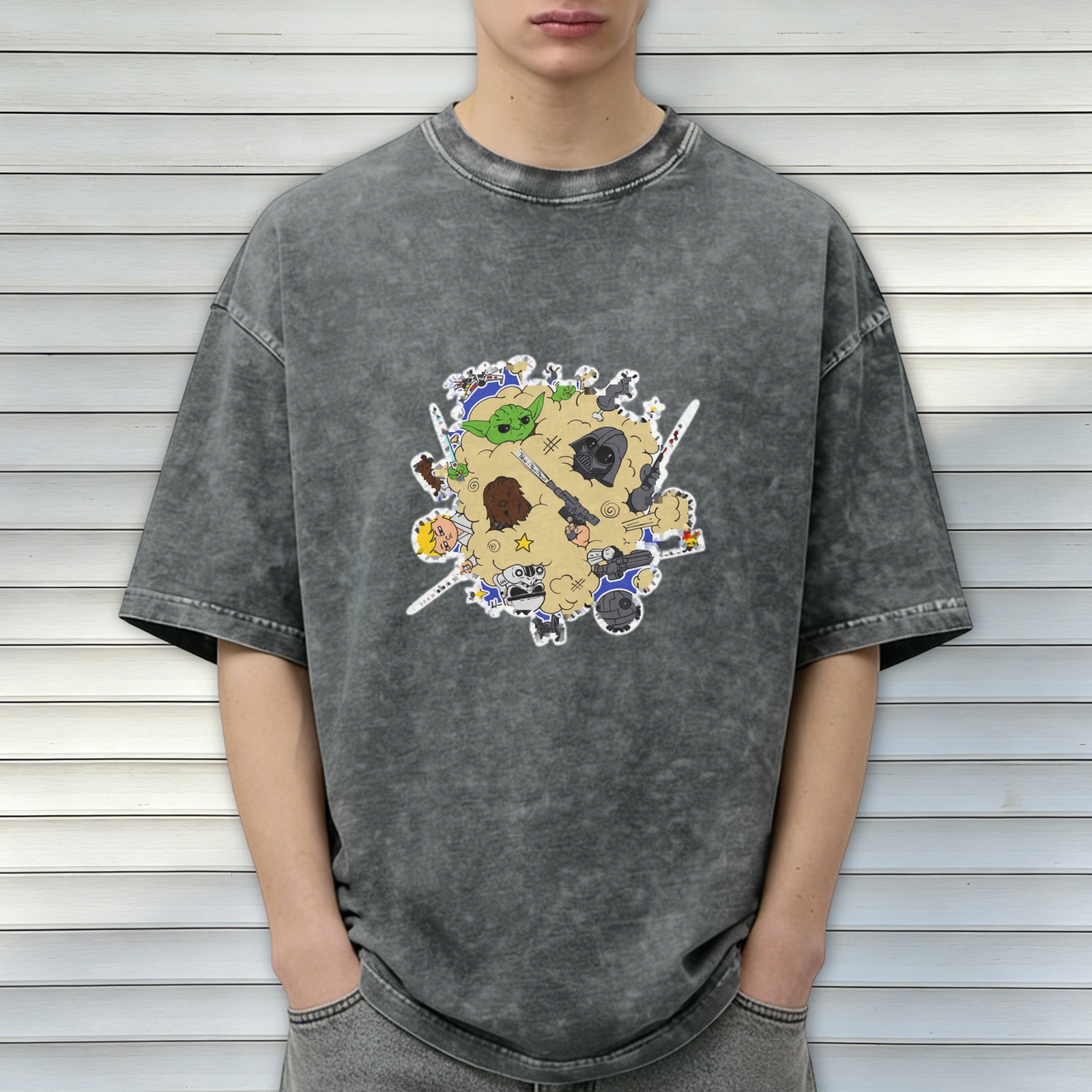 Washed Black T-Shirt With Cute Star Wars Character Collage Print