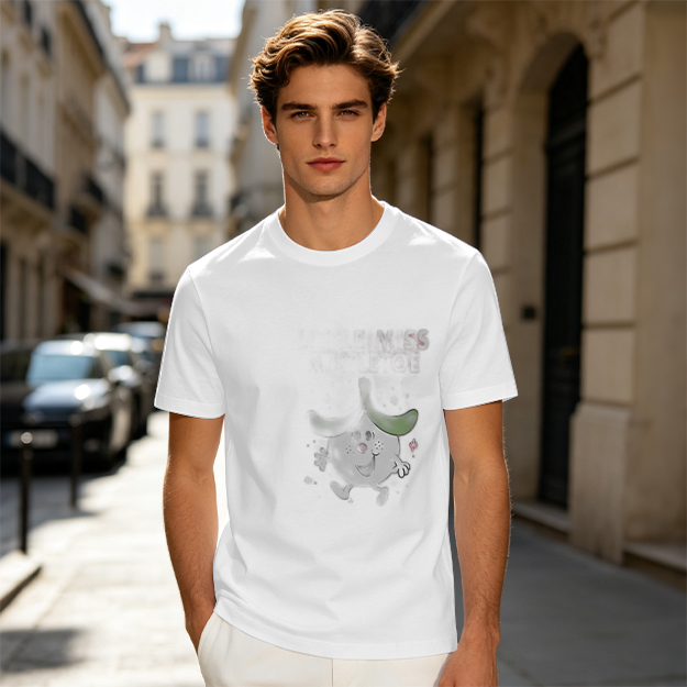 Olive green graphic t-shirt with playful cartoon character print