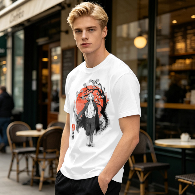 Anime Character with Cherry Blossom Red Moon Graphic T-Shirt
