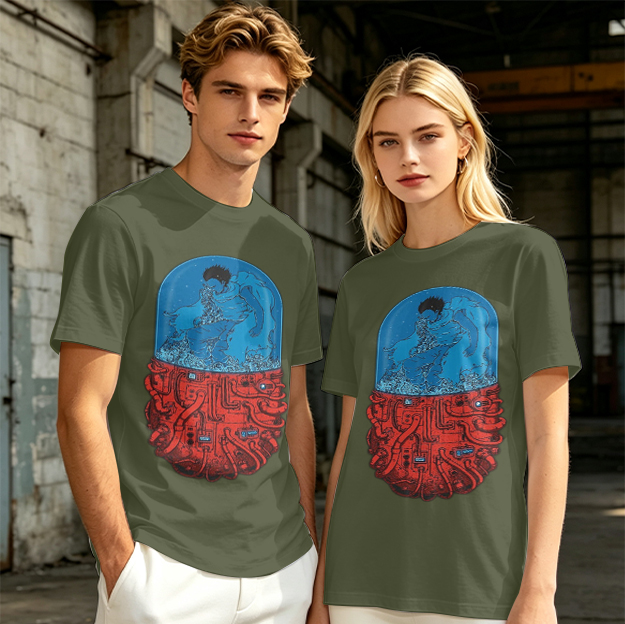 Olive T-Shirt With Surreal Capsule Water Figure Graphic