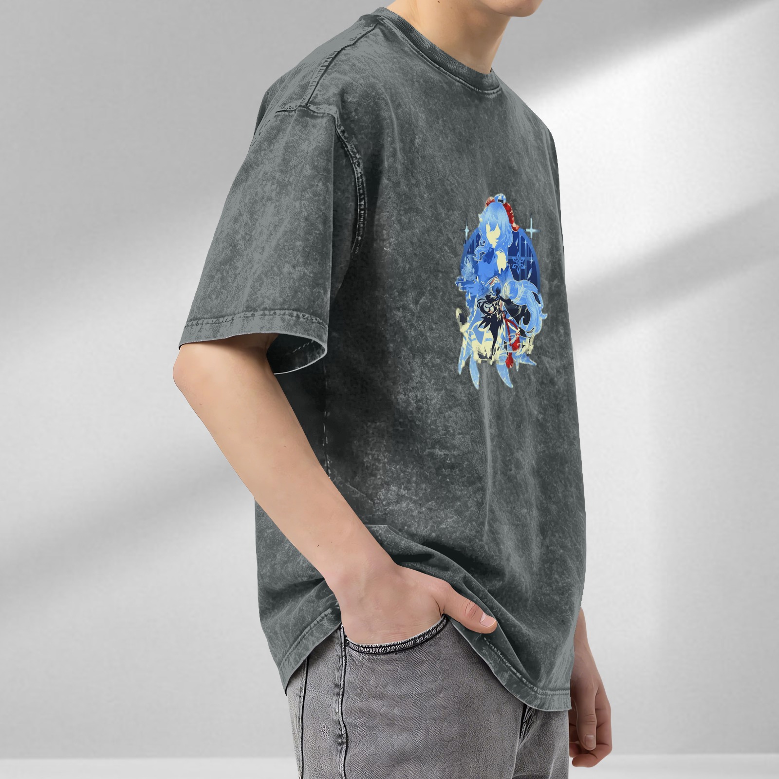 Genshin Impact Ganyu Silhouette Graphic Washed Black T-Shirt