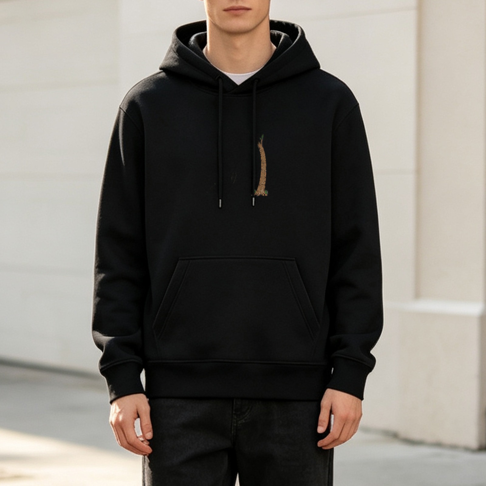 Black Hoodie with Small Brown Vertical Graphic Print