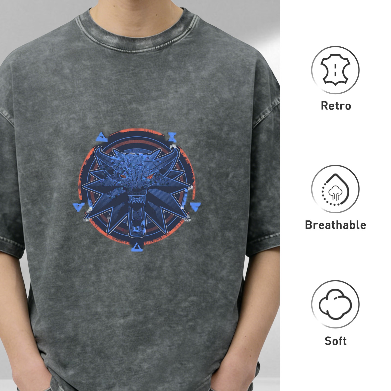 Witcher Wolf Medallion Graphic Stonewashed Black T-Shirt