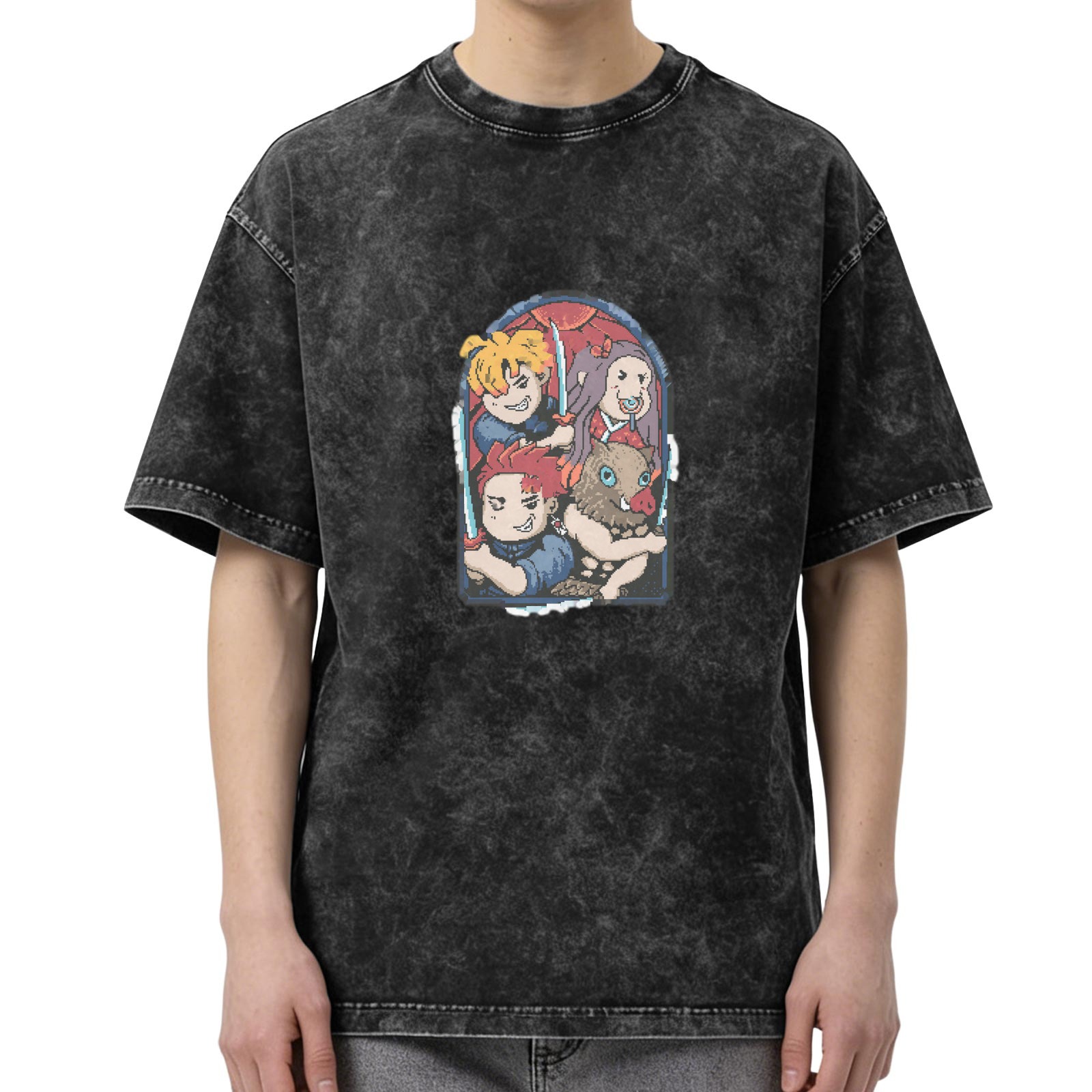 Oversized Dark Wash T-Shirt With Anime Demon Slayer Style Characters Print