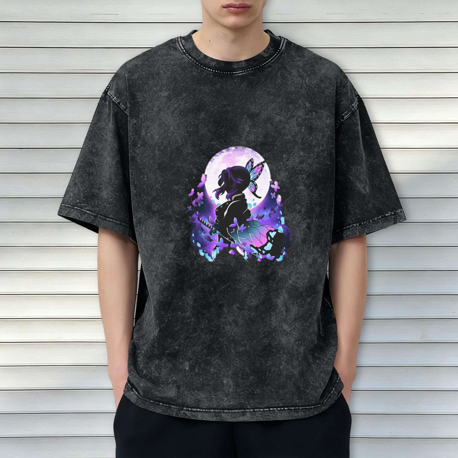 Oversized Acid Wash T-Shirt With Anime Butterfly Silhouette Graphic