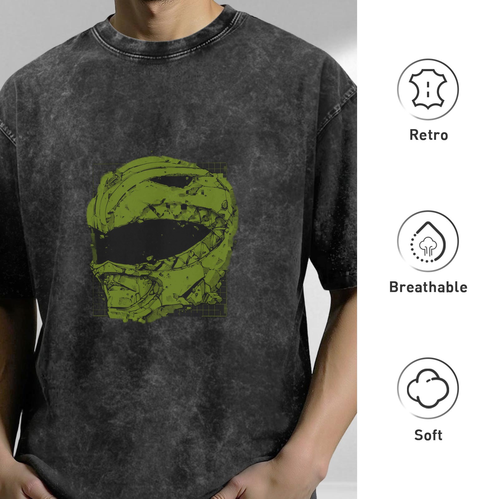 Washed black oversized t-shirt with green damaged helmet graphic
