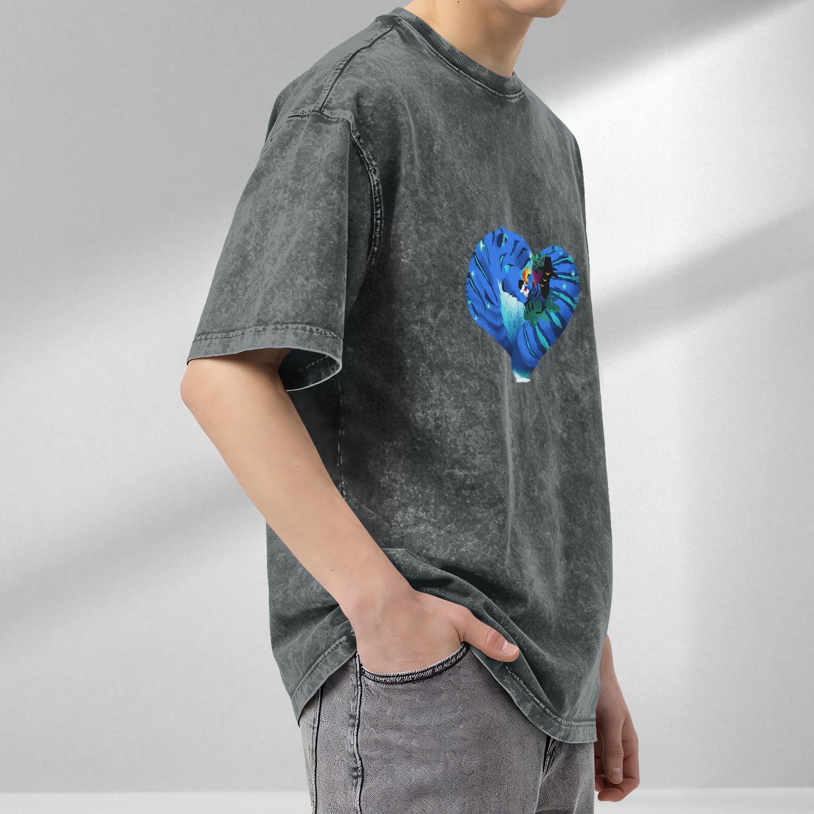Washed Black T-Shirt With Heart Shaped Peacock Graphic