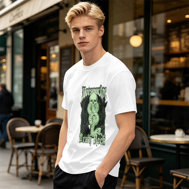 Olive graphic t-shirt with skull snake death rock design