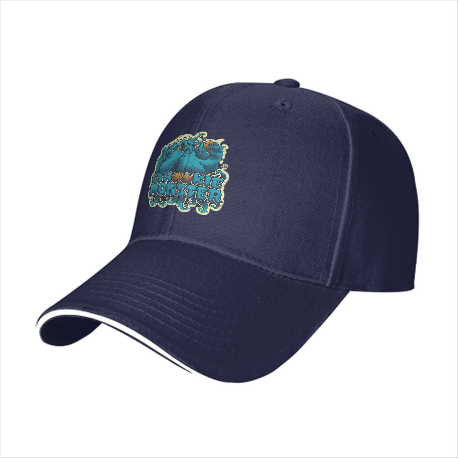 Black baseball cap with Cookie Monster themed graphic print