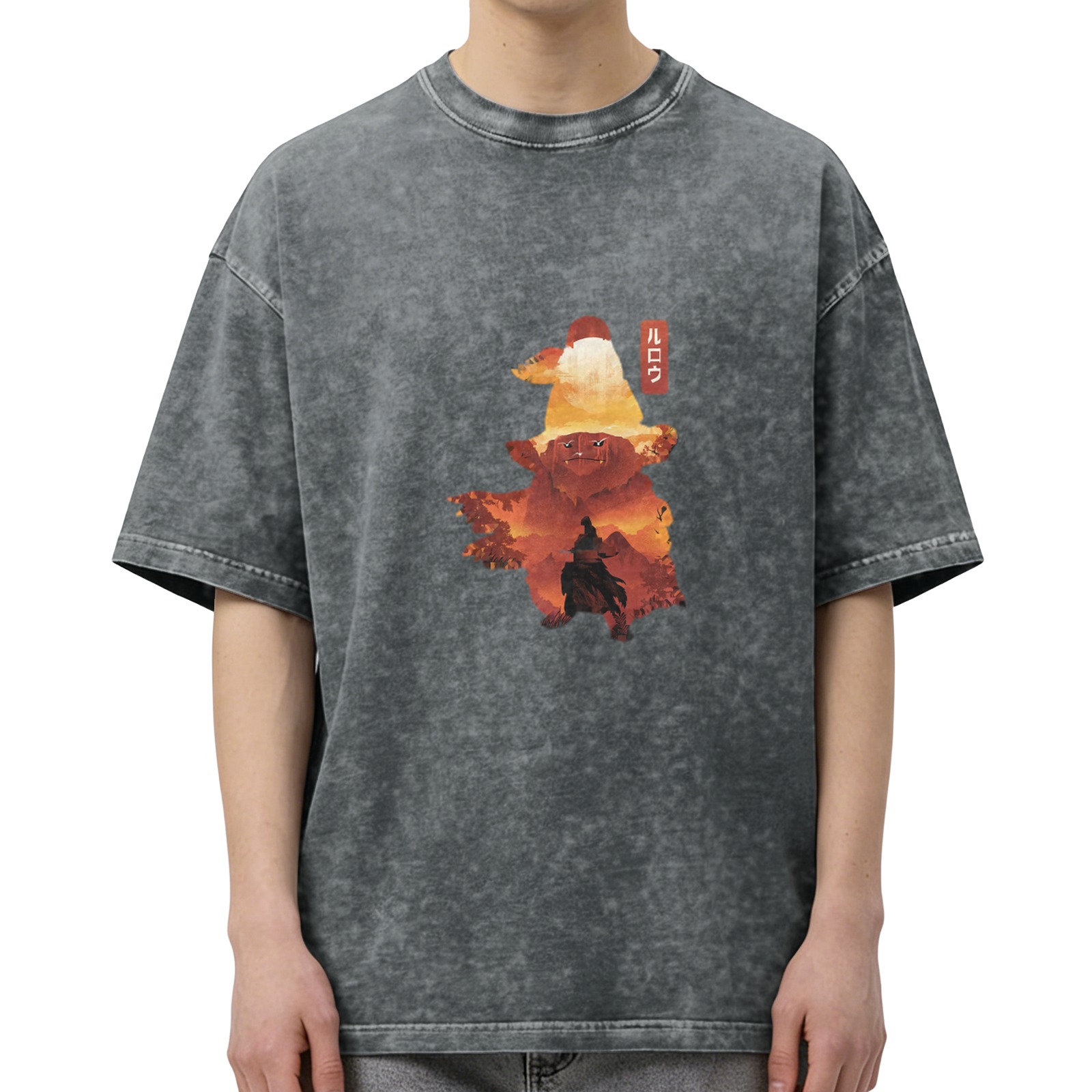 Oversized dark washed graphic t-shirt with wizard silhouette art