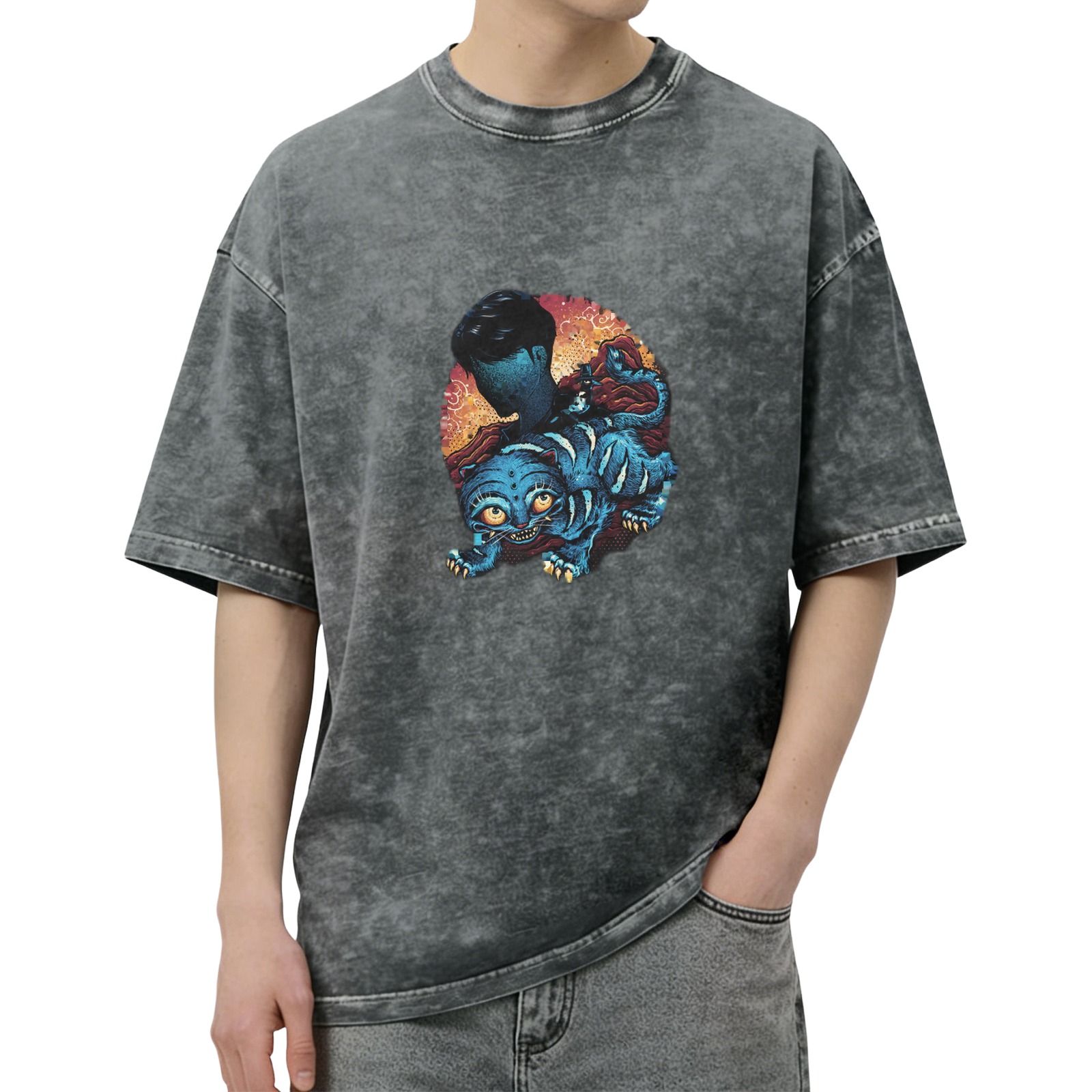 Distressed washed black loose short-sleeved T-shirt Creative blue cat monster print top