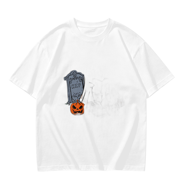 Olive Halloween Graphic T-Shirt with Tombstone and Jack-o'-Lantern