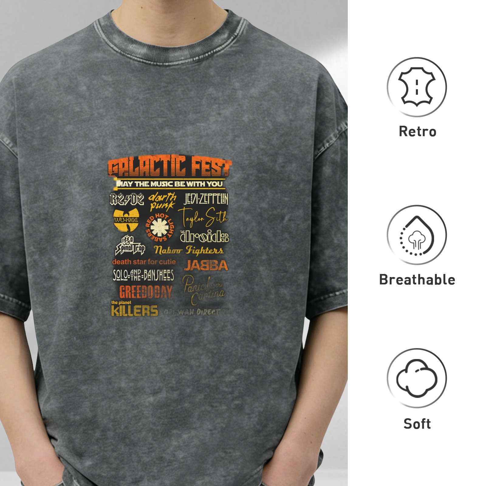 Galactic Fest Star Wars Parody Band Graphic Acid Wash Oversized T-Shirt