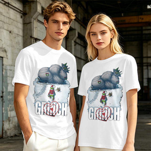 Grinch Stealing Christmas Gifts Snow Scene Graphic T-Shirt