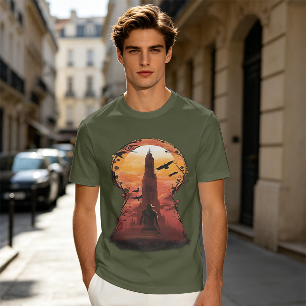 Olive T-Shirt with Keyhole Sunset Tower Art Print