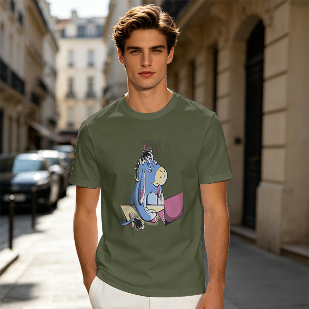 Olive T-Shirt Featuring Eeyore Using a Laptop