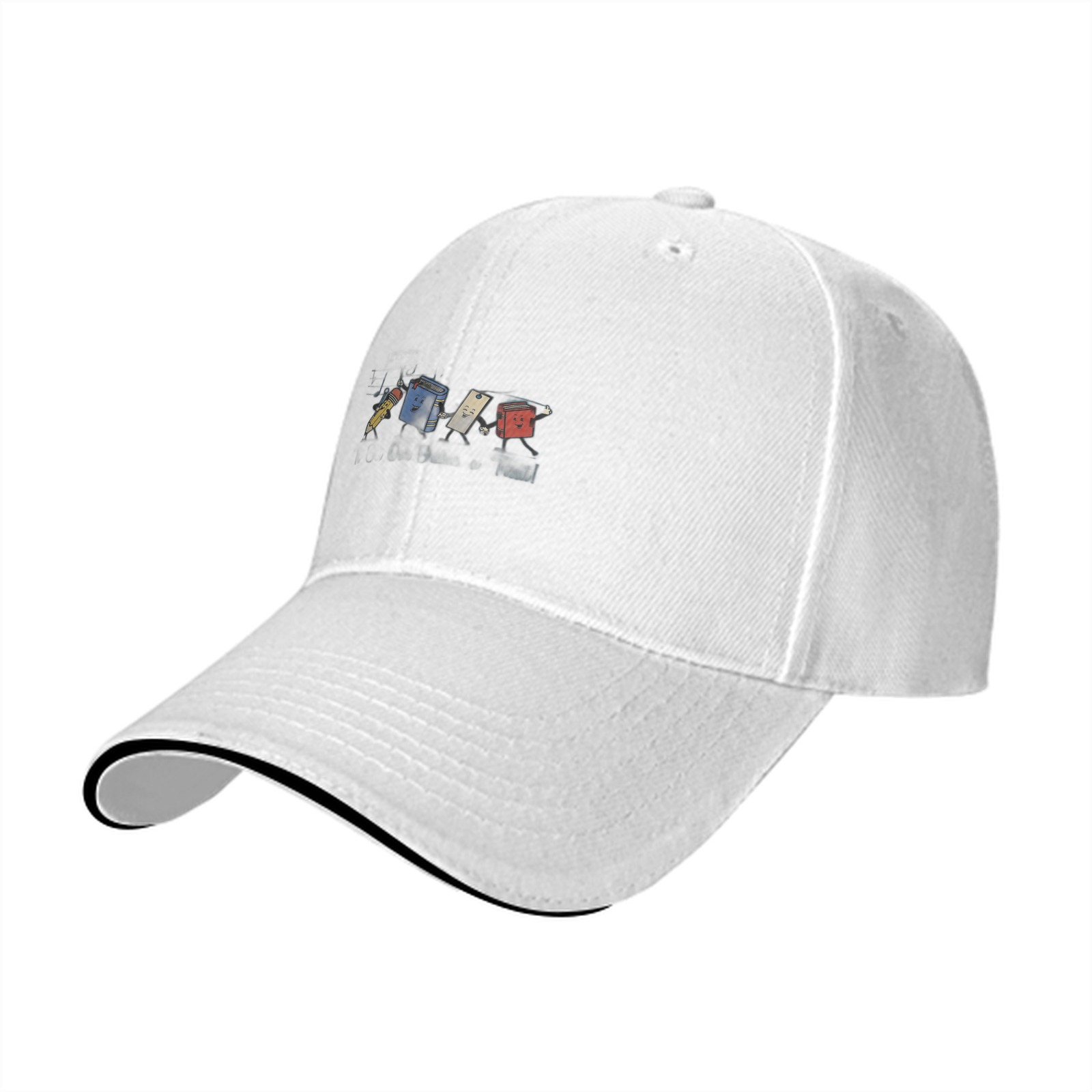 Black baseball cap with cartoon trash can character print