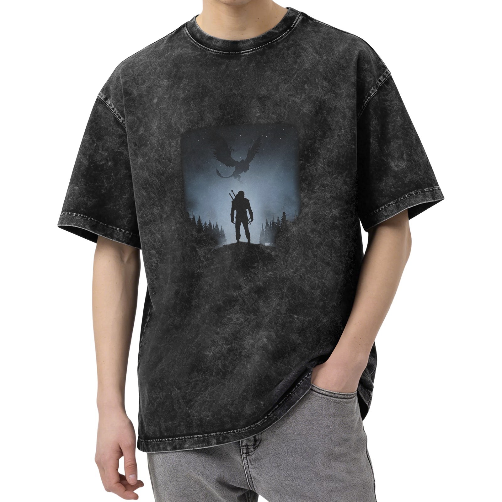 Witcher Silhouette Graphic Acid Wash Oversized T-Shirt