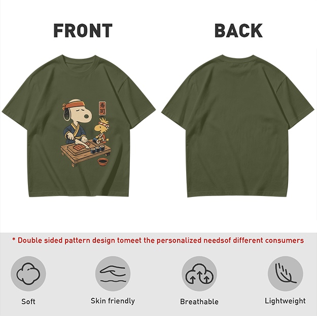 Olive T-shirt with Snoopy and Woodstock making sushi print