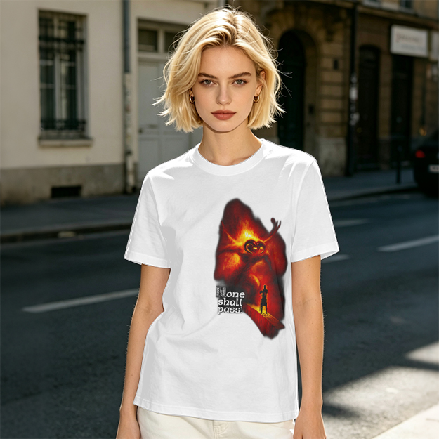 Olive T-Shirt with 'None Shall Pass' Fire Demon Graphic