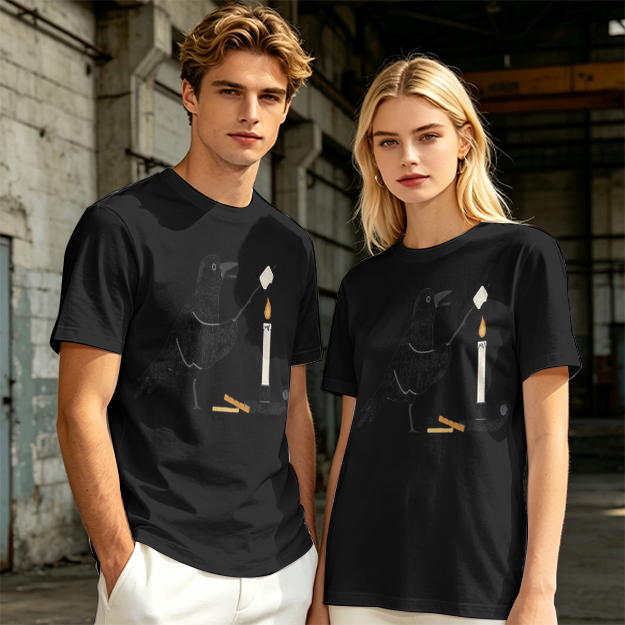 Olive T-Shirt With Crow Roasting Marshmallow Over Candle Print