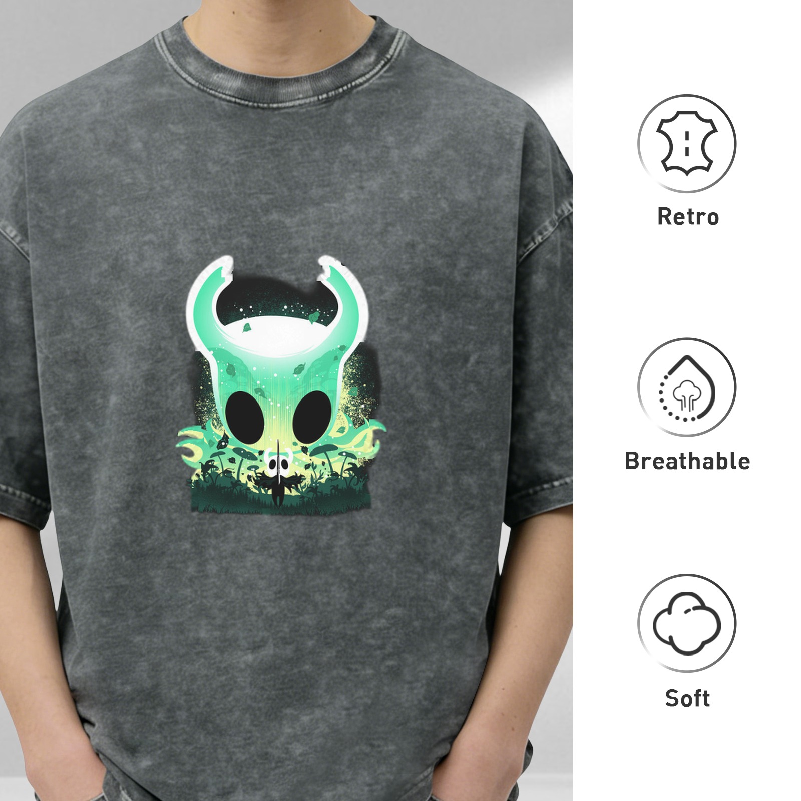 Oversized Dark Wash T-Shirt With Glowing Green Horned Skull Art