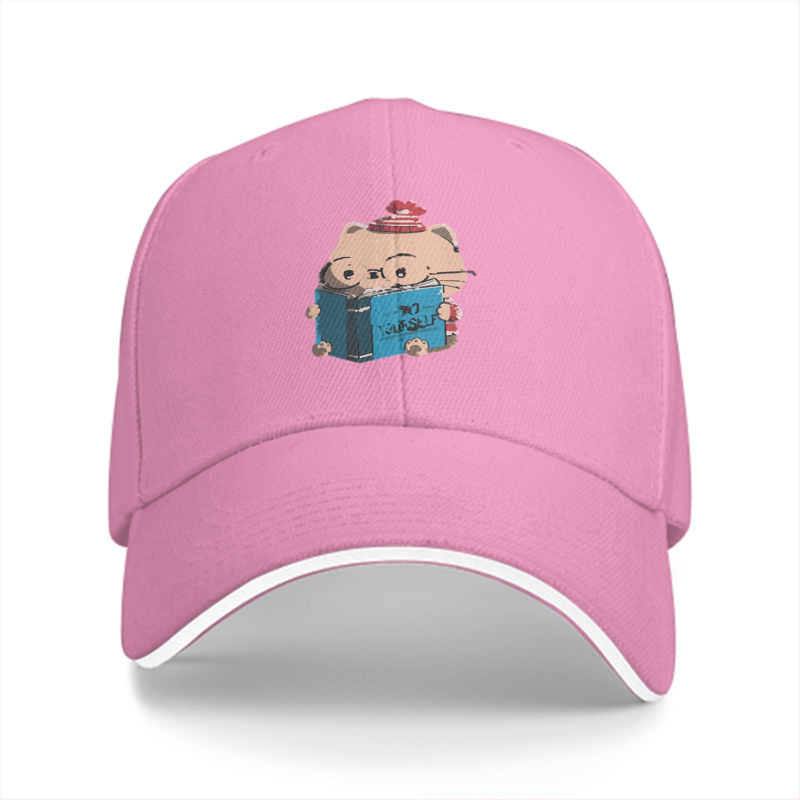 Black Baseball Cap With Cute Reading Cat Graphic