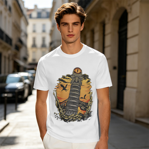 Ominous tower with eye and flying creatures graphic t-shirt