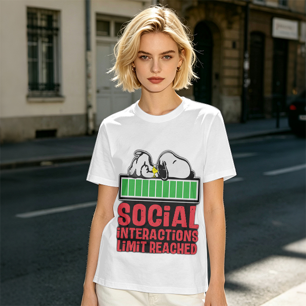 Olive t-shirt with Snoopy 'Social Interactions Limit Reached' print
