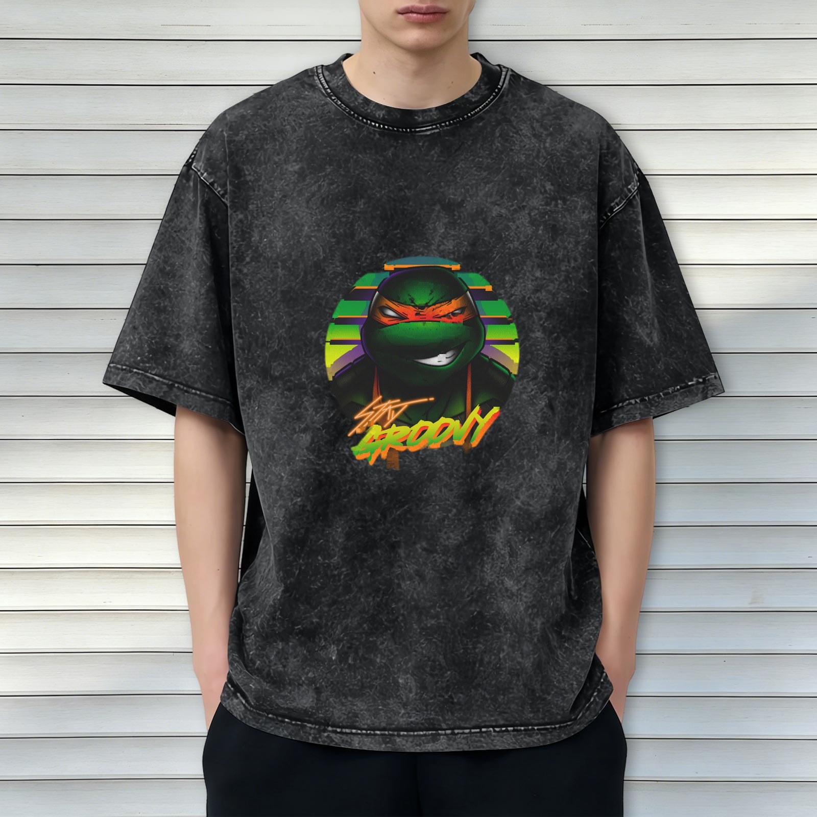 Oversized Dark Wash T-Shirt with Retro Teenage Mutant Ninja Turtle Graphic