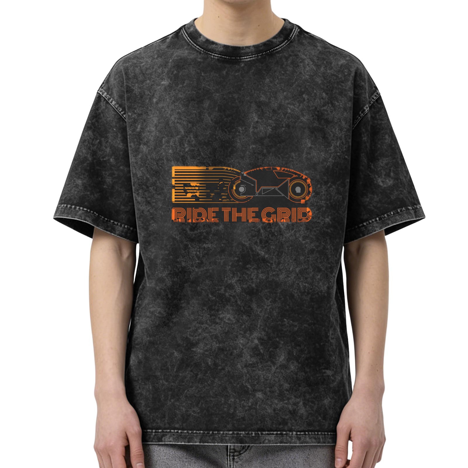 Oversized Acid Wash T-Shirt With Tron Lightcycle 'Ride The Grid' Print