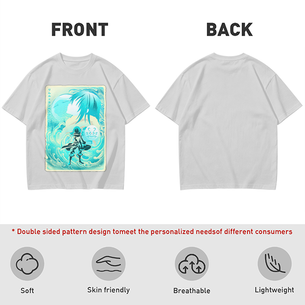 Anime character water design graphic dark green t-shirt