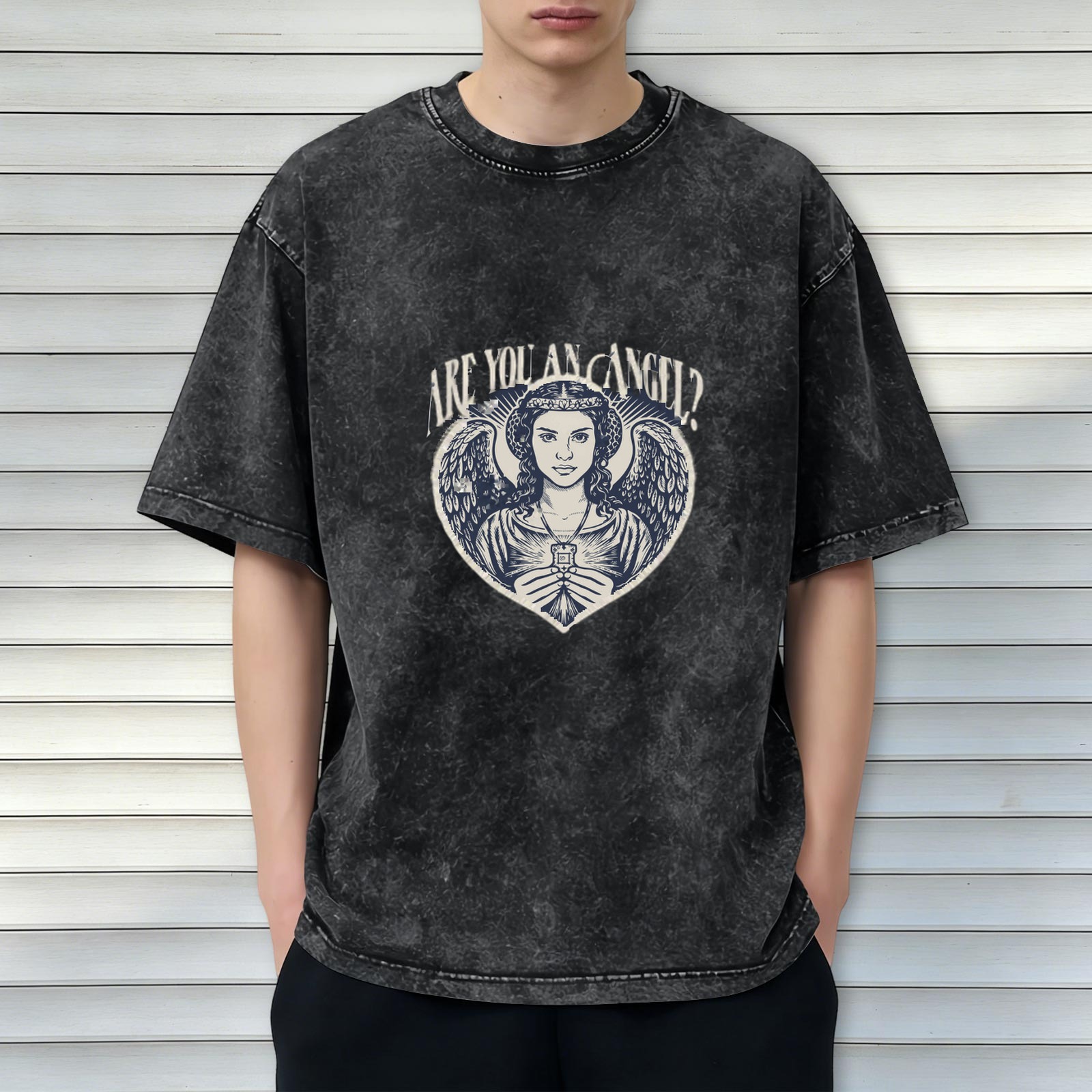 Oversized dark wash graphic t-shirt with angel and 'Are You An Angel?' text