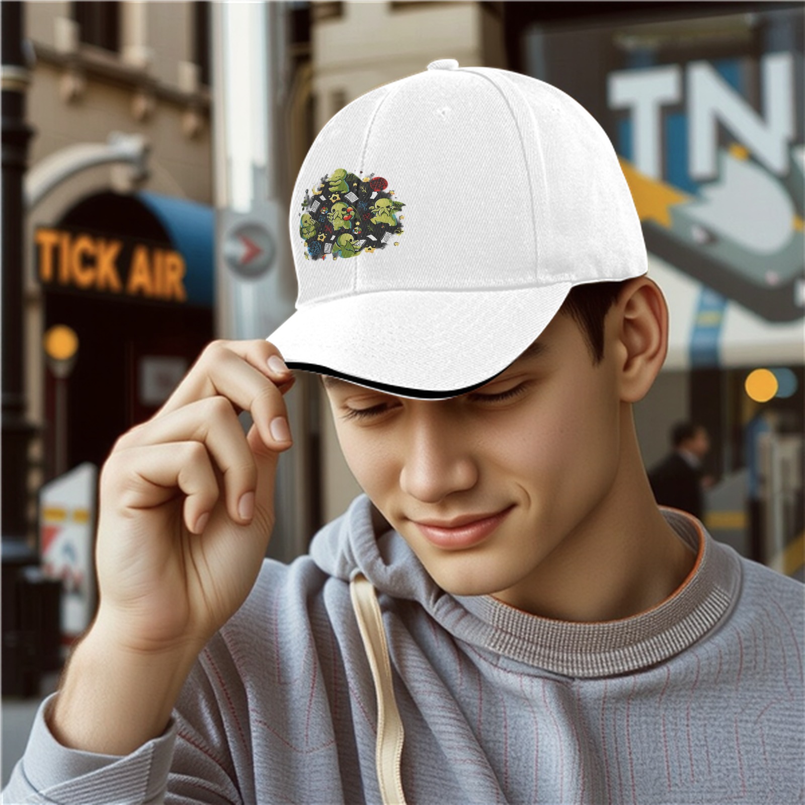 Black Baseball Cap With Cute Cthulhu Themed Print