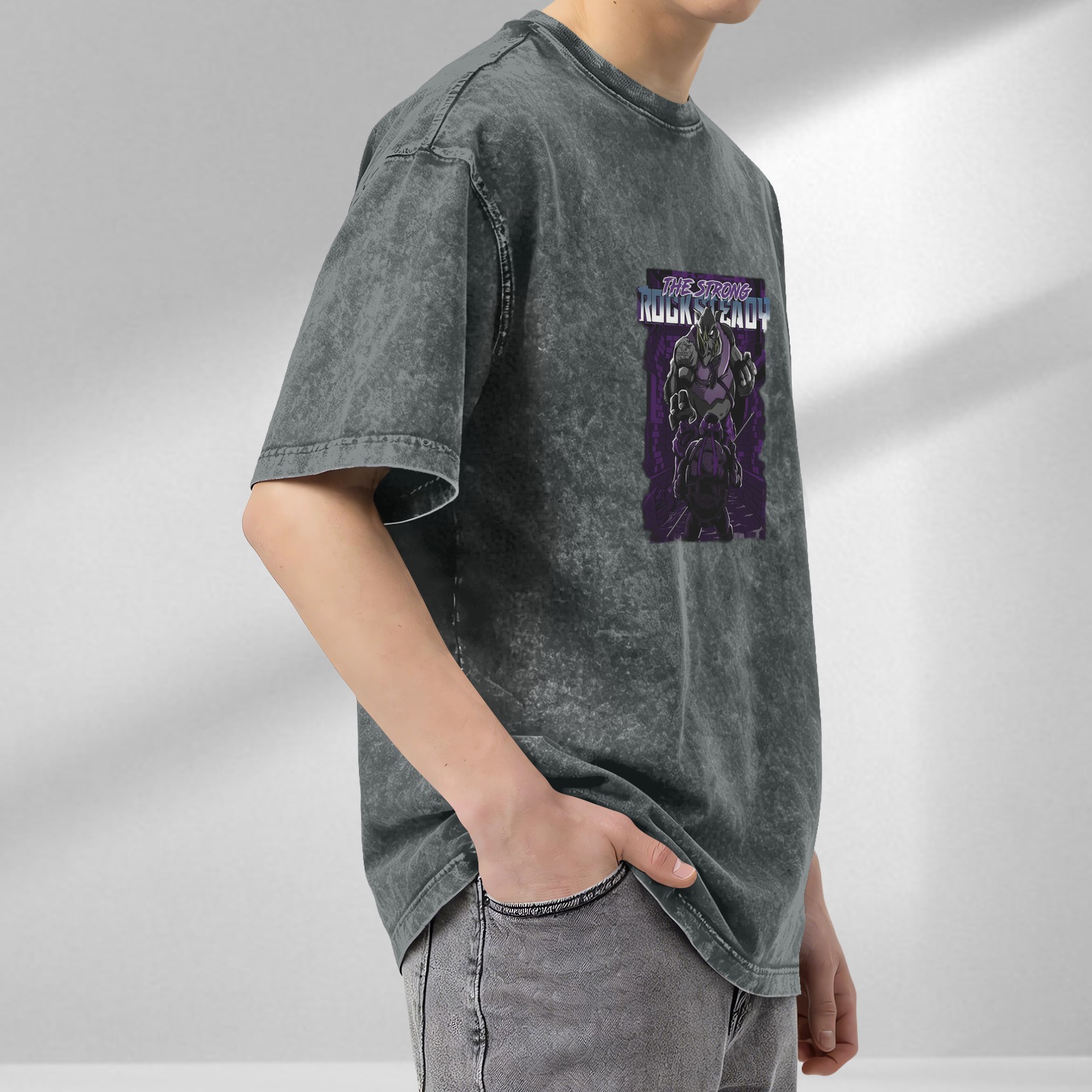 Oversized Stonewashed T-Shirt with Rocksteady Graphic Print