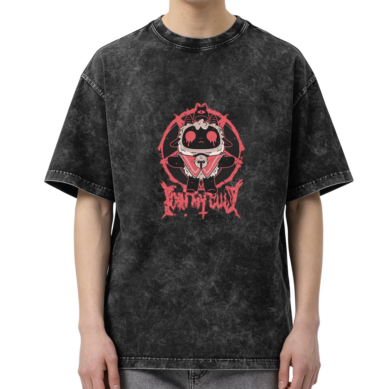 Cult of the Lamb Dark Gothic Graphic Oversized Stone Wash T-Shirt